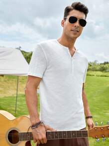 GENTILAND Nam Áo thun Bông Chất rắn Nút Nửa - trắng - Xem 3