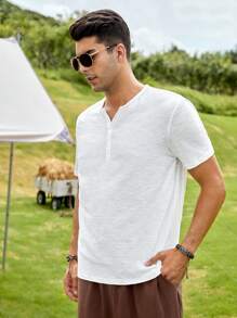 GENTILAND Nam Áo thun Bông Chất rắn Nút Nửa - trắng - Xem 4
