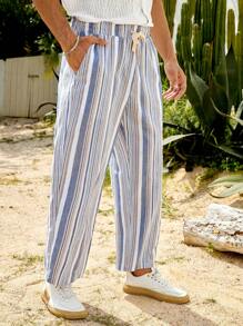 GENTILAND Men Cotton Striped Drawstring Waist Straight Leg Trousers - Multicolor - View 6