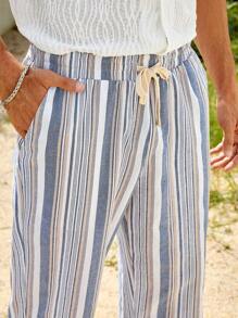 GENTILAND Men Cotton Striped Drawstring Waist Straight Leg Trousers - Multicolor - View 3
