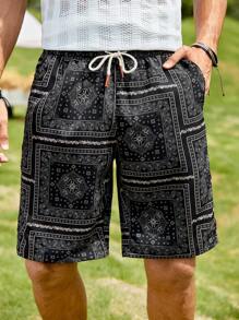 GENTILAND Men Paisley Scarf Print Drawstring Waist Shorts - Multicolor - View 1