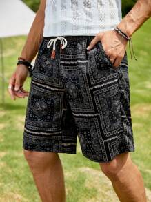 GENTILAND Men Paisley Scarf Print Drawstring Waist Shorts - Multicolor - View 3