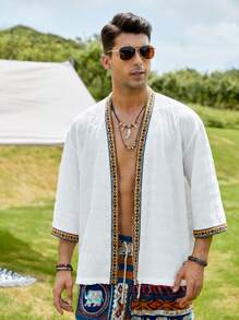 GENTILAND Men Contrast Tape Open Front Kimono - White - View 6