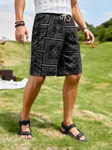 GENTILAND Men Paisley Scarf Print Drawstring Waist Shorts - Multicolor - View 4