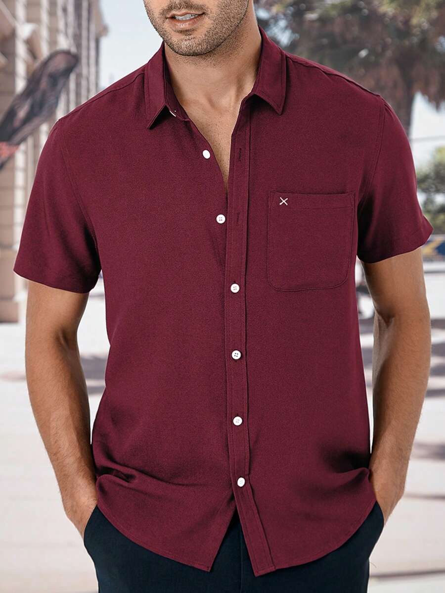 Manfinity Homme Áo sơ mi Nam Túi Nút phía trước màu trơn Giải trí - Màu Đỏ Sâu - Xem 1