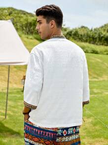 GENTILAND Men Contrast Tape Open Front Kimono - White - View 2