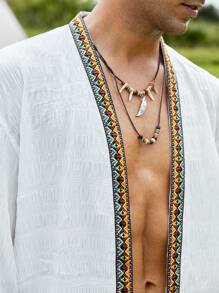 GENTILAND Men Contrast Tape Open Front Kimono - White - View 5