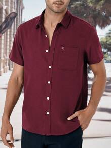 Manfinity Homme Áo sơ mi Nam Túi Nút phía trước màu trơn Giải trí - Màu Đỏ Sâu - Xem 8