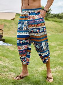 GENTILAND Hombres Pantalones capri con estampado geométrico con elefante de cintura con cordón - Multicolor - Ver 1