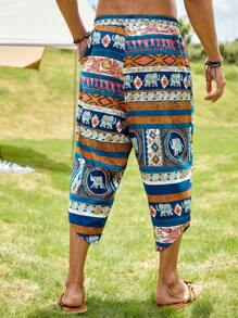 GENTILAND Hombres Pantalones capri con estampado geométrico con elefante de cintura con cordón - Multicolor - Ver 2