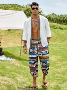 GENTILAND Hombres Pantalones capri con estampado geométrico con elefante de cintura con cordón - Multicolor - Ver 3