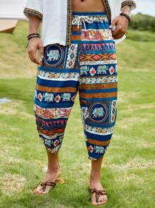GENTILAND Hombres Pantalones capri con estampado geométrico con elefante de cintura con cordón - Multicolor - Ver 4