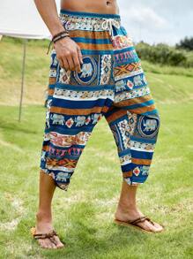 GENTILAND Hombres Pantalones capri con estampado geométrico con elefante de cintura con cordón - Multicolor - Ver 5