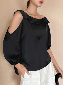 Asymmetrical Neck Ruffle Trim Blouse Without Necklace - Black - View 12