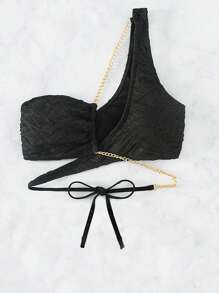 SHEIN Swim 链式不对称领比基尼上衣，适合夏季海滩度假 - 黑色 - 查看 3