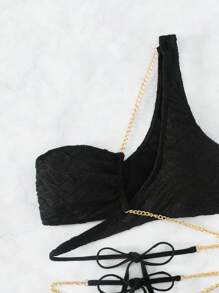 SHEIN Swim 链式不对称领比基尼上衣，适合夏季海滩度假 - 黑色 - 查看 5