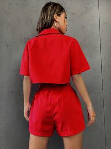 SHEIN Unity Solid Button Front Crop Shirt & Paperbag Waist Shorts For New Year Clothes - Red - View 2