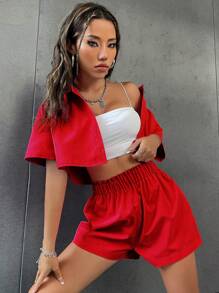 SHEIN Unity Solid Button Front Crop Shirt & Paperbag Waist Shorts For New Year Clothes - Red - View 4