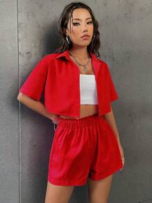 SHEIN Unity Solid Button Front Crop Shirt & Paperbag Waist Shorts For New Year Clothes - Red - View 5