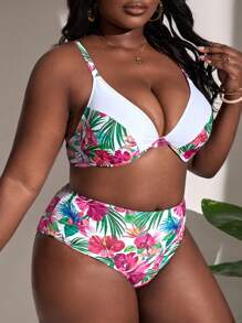 SHEIN Slayr Plus Size Tropical Print Underwire Bikini Set Summer Beach - Multicolor - View 1