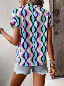 SHEIN LUNE Wave Striped Print Batwing Sleeve Popover Blouse - Multicolor - View 2