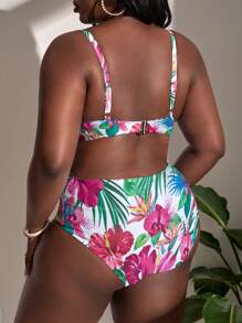SHEIN Slayr Plus Size Tropical Print Underwire Bikini Set Summer Beach - Multicolor - View 2