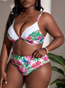 SHEIN Slayr Plus Size Tropical Print Underwire Bikini Set Summer Beach - Multicolor - View 3