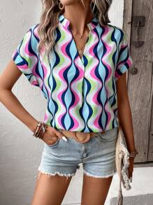 SHEIN LUNE Wave Striped Print Batwing Sleeve Popover Blouse - Multicolor - View 4