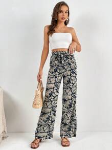 SHEIN Tall Tropical Print Belted Trousers - Blue - View 4