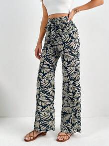 SHEIN Tall Tropical Print Belted Trousers - Blue - View 1
