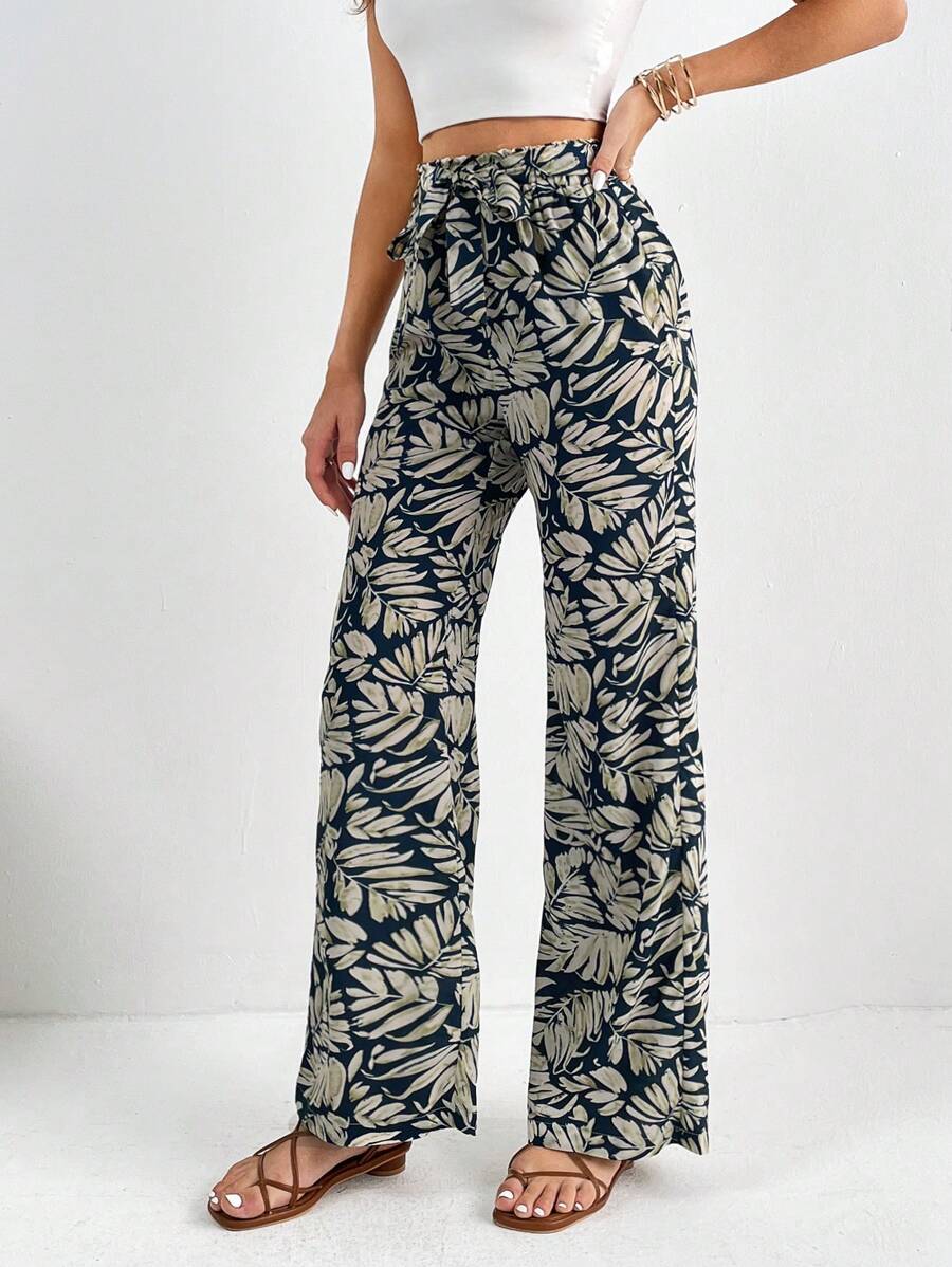 SHEIN Tall Tropical Print Belted Trousers - Blue - View 1