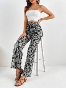 SHEIN Tall Tropical Print Belted Trousers - Blue - View 5