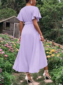 SHEIN Maternity Butterfly Sleeve Knot Side Wrap Dress - Lilac Purple - View 2