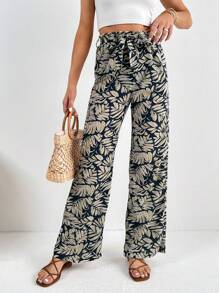 SHEIN Tall Tropical Print Belted Trousers - Blue - View 6