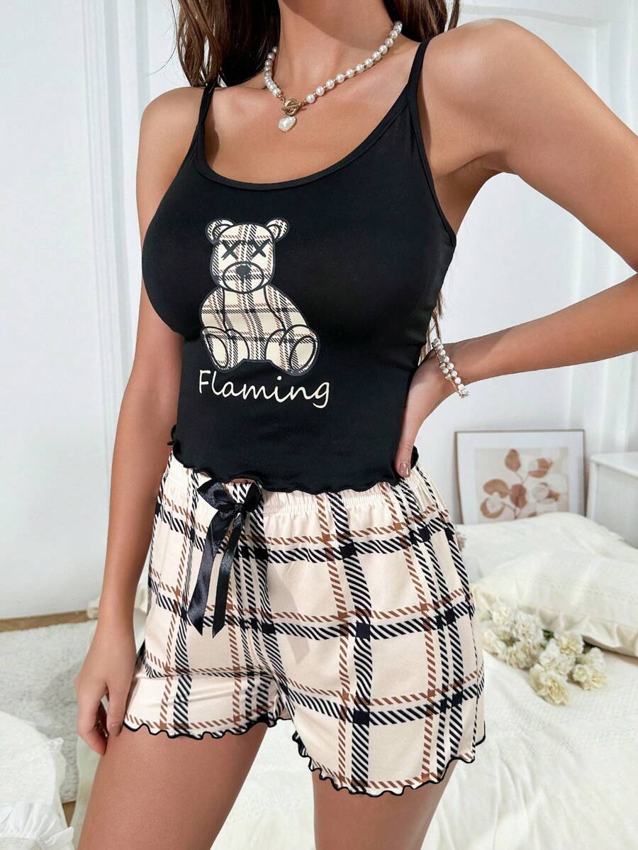 Bộ đồ ngủ Nữ Xù nhỏ Hoạt hình Lá thư - màu đen - Xem 1