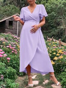 SHEIN Maternity Butterfly Sleeve Knot Side Wrap Dress - Lilac Purple - View 3