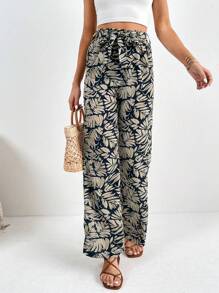 SHEIN Tall Tropical Print Belted Trousers - Blue - View 7