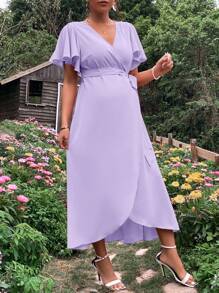 SHEIN Maternity Butterfly Sleeve Knot Side Wrap Dress - Lilac Purple - View 4