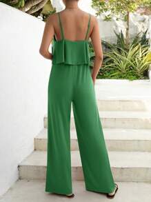 SHEIN Bộ đồ liền thân Bà bầu Lộ Lưng Xù màu trơn Giải trí - màu xanh lá - Xem 2