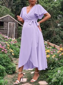 SHEIN Maternity Butterfly Sleeve Knot Side Wrap Dress - Lilac Purple - View 5