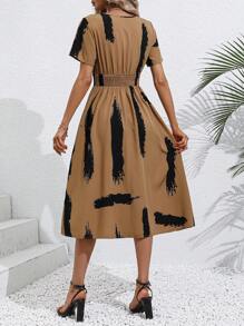 SHEIN LUNE Brush Print Surplice Neck A-line Dress - Khaki - View 2