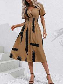 SHEIN LUNE Brush Print Surplice Neck A-line Dress - Khaki - View 4