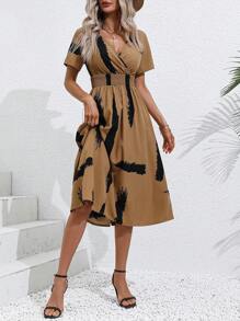 SHEIN LUNE Brush Print Surplice Neck A-line Dress - Khaki - View 5