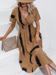 SHEIN LUNE Brush Print Surplice Neck A-line Dress - Khaki - View 6