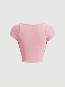 SHEIN MOD 雞心領口條紋針織T恤 - 淺粉色 - 查看 2