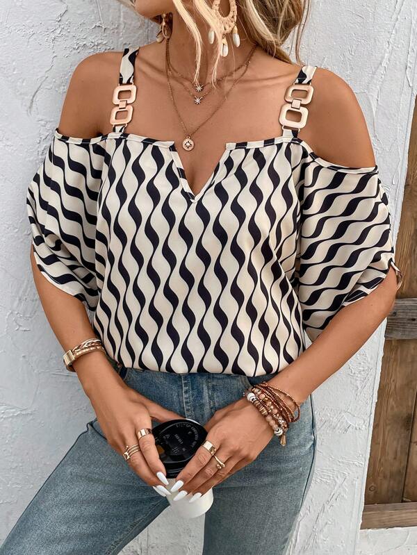 Allover Print Cold Shoulder Batwing Sleeve Chain Detail Blouse SHEIN USA