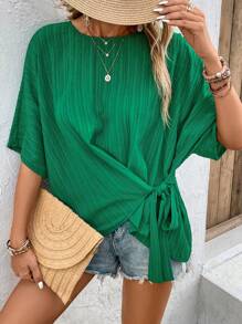 SHEIN LUNE 側打結蝙蝠袖襯衫 - 綠色 - 查看 3
