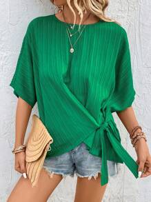 SHEIN LUNE 側打結蝙蝠袖襯衫 - 綠色 - 查看 1