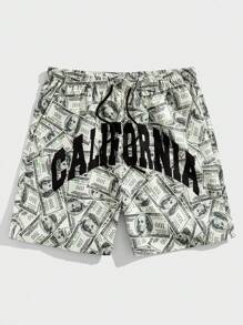 ROMWE MEN Street Life Men Dollar & Letter Graphic Drawstring Waist Shorts, School - Multicolor - View 1