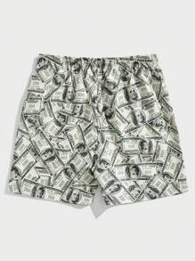 ROMWE MEN Street Life Men Dollar & Letter Graphic Drawstring Waist Shorts, School - Multicolor - View 2